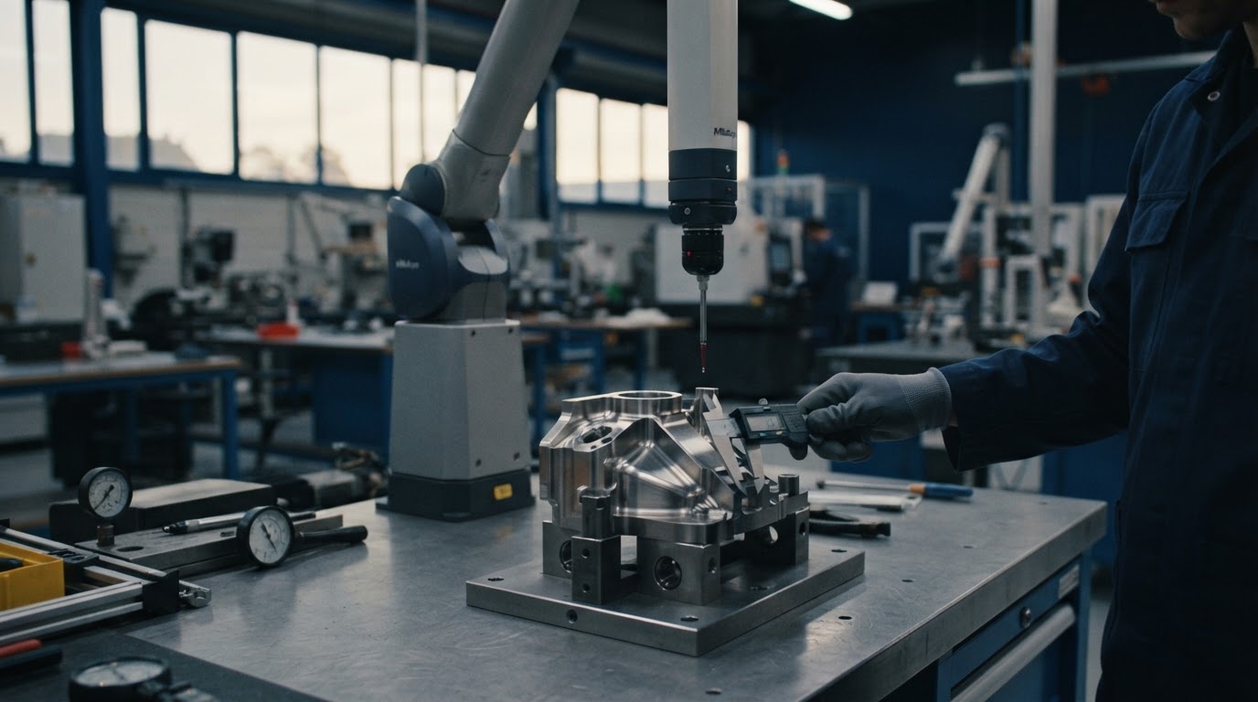Atelier industriel de haute précision : pièce usinée sur un établi, bras de machine à mesurer tridimensionnelle, main gantée ajustant un instrument de contrôle.